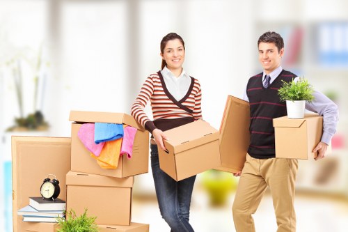 Packed office furniture and equipment ready for transport