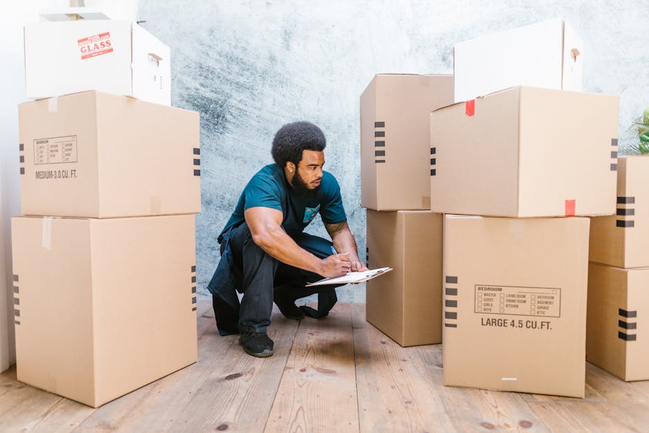 A man with dark curly hair, dressed in a blue t-shirt and black trousers, is kneeling on a wooden floor inside a residential property surrounded by several large cardboard boxes, some sealed with pack