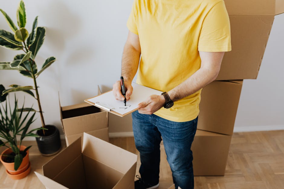 A man wearing a yellow T-shirt and blue jeans is standing inside a room during a home relocation process, holding a clipboard and a black marker for taking notes or marking inventory. Behind him, ther