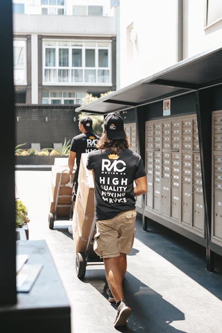 Two movers from R.C. Moving Ltd, wearing black caps and T-shirts with the company logo, are outdoors in a bright, modern residential area during daylight. They are carrying cardboard boxes and a large, flat-packed piece of furniture on a trolley, preparing for a home relocation. The boxes are made of brown cardboard, some open and others sealed, with packing tape visible. The trolley has two handles and wheels, assisting in transporting items. They are near a large, wall-mounted mailbox system with multiple small metallic compartments, positioned beside the entrance to a building with white walls and large windows. The background features additional residential buildings with multiple floors and balconies, indicating an urban or suburban environment. The scene captures the unloading or loading process, highlighting efficient furniture transport and packing procedures typical of professional removals services, as provided by Man with Van Falconwood, supporting efficient short-notice moves and home relocations.