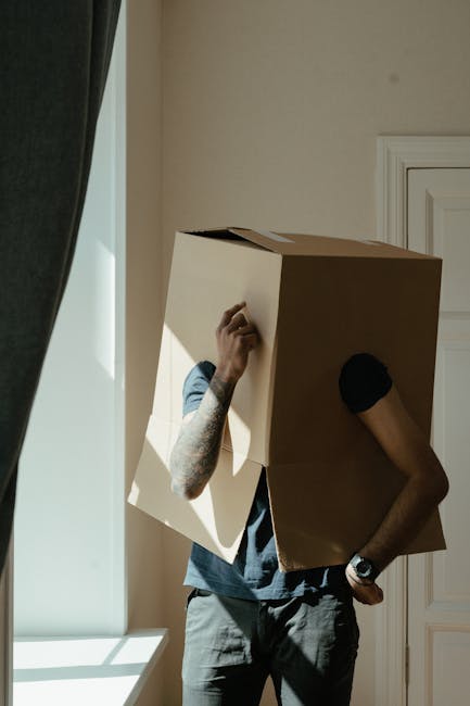 A person during a home relocation process, carrying a large cardboard box over their head partially obstructing their face, with visible tattoos on their left arm and wearing a wristwatch on their left wrist. They are dressed in a dark t-shirt and grey trousers. The scene takes place inside a room with natural light streaming in from a window on the left, where a dark curtain is partially pulled back. The individual is positioned near a window with sunlight casting shadows on the wall behind them, and a white door with a simple panel design is visible in the background. The box appears to be secure and suitable for furniture transport or packing during a removal service, highlighting the logistical aspects of professional moves, as seen in the context of house removals.